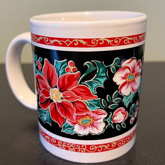 Floral Ceramic Mug with Poinsettia & Magnolia Flowers and Holly with Berries - Picture 1 of 8